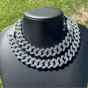 14k White Gold Cuban Prong Link Chain 20mm 18” 20” Iced out Premium Choker